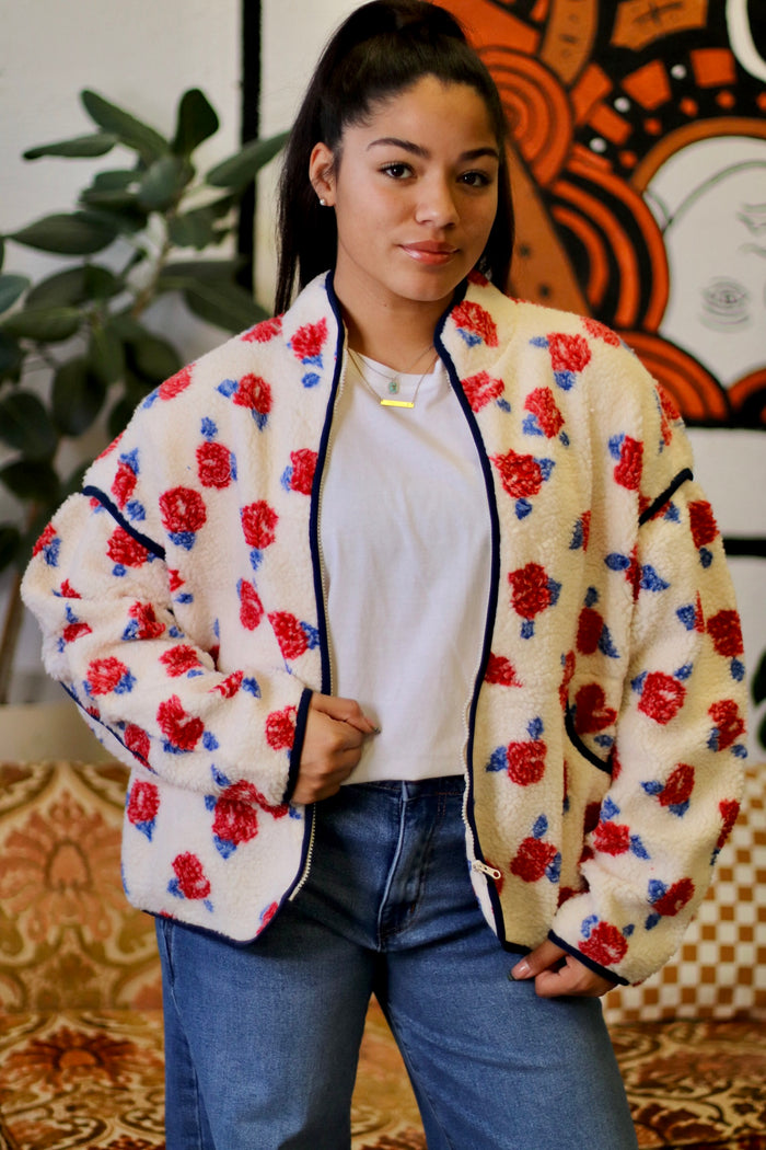 Ivory Floral Fleece Sherpa Jacket