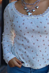 Cream Teddy Print Long Sleeve w/ Lace Detail