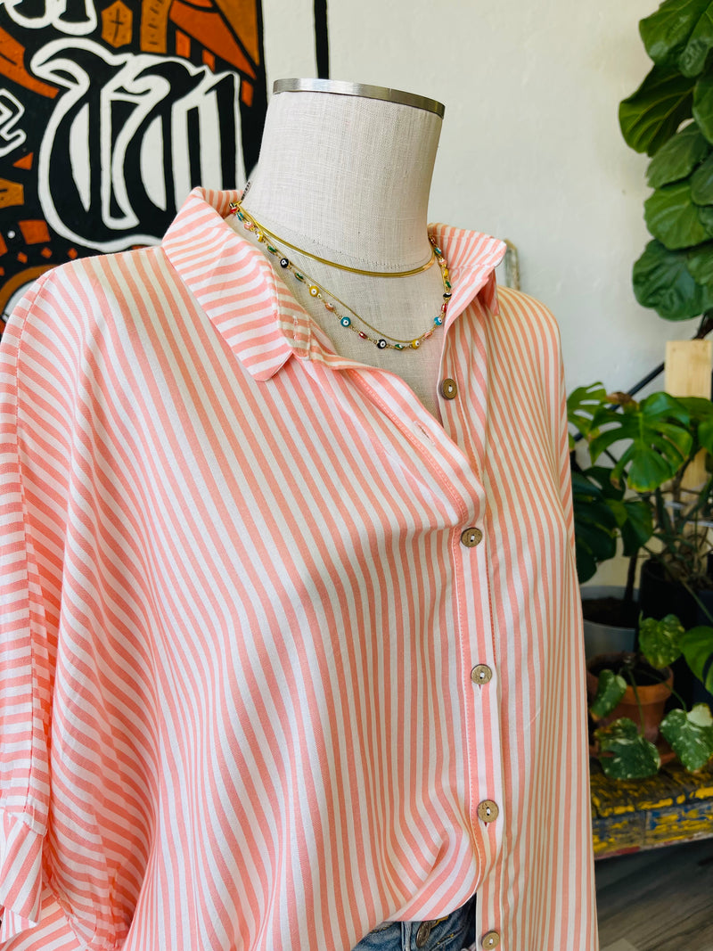 Striped Button Down in Coral