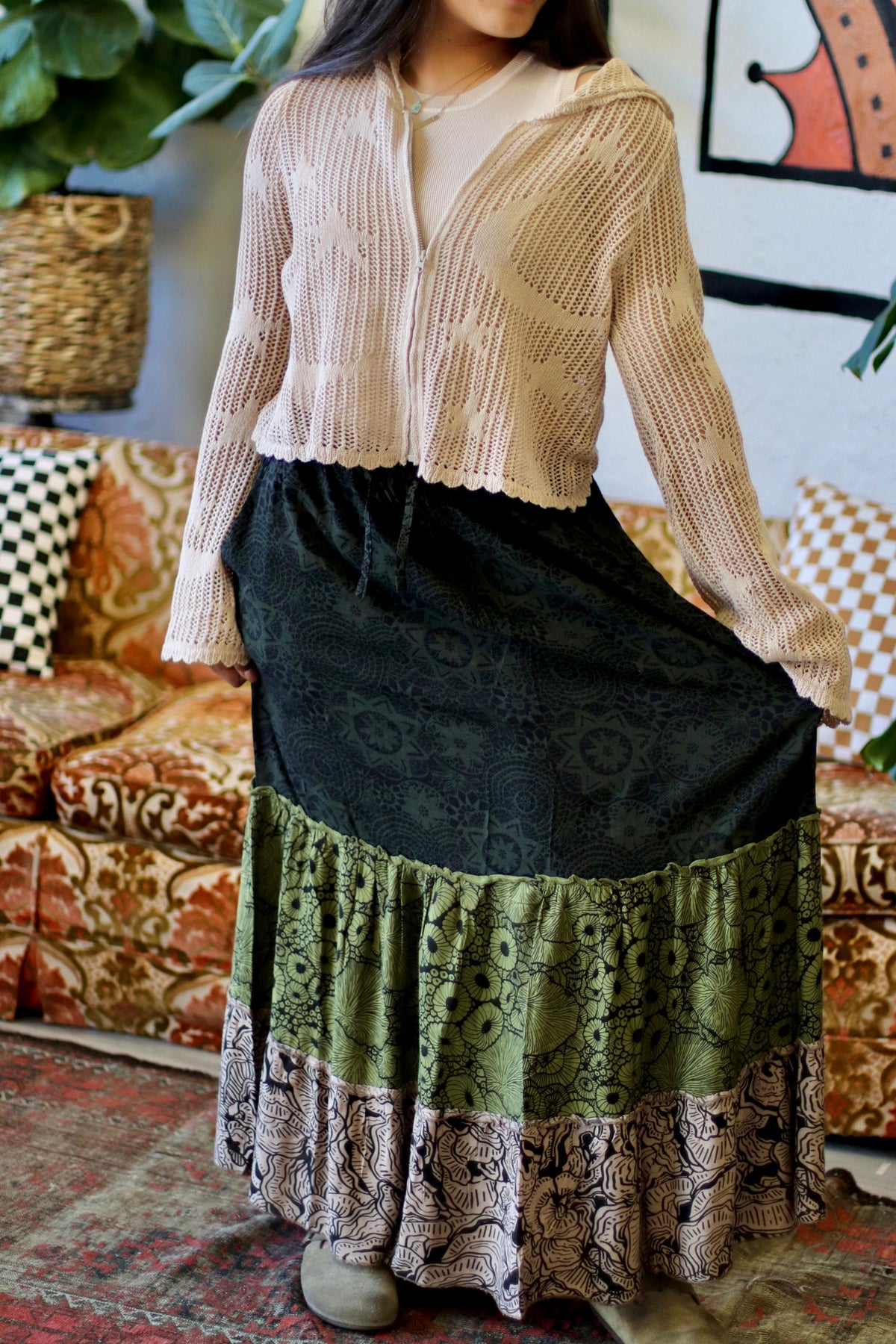 Tiered Mix Print Maxi Skirt in Green