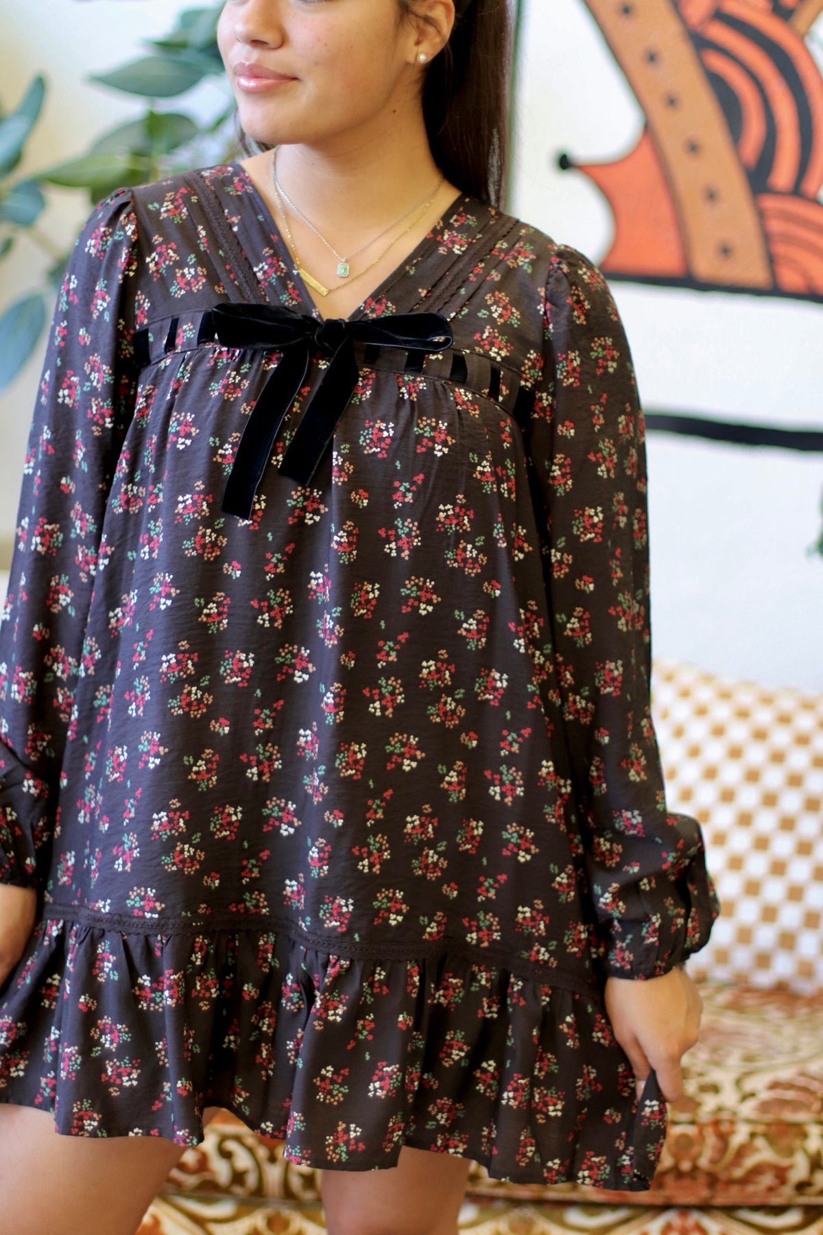 Black Floral Printed Front Bow Mini Dress