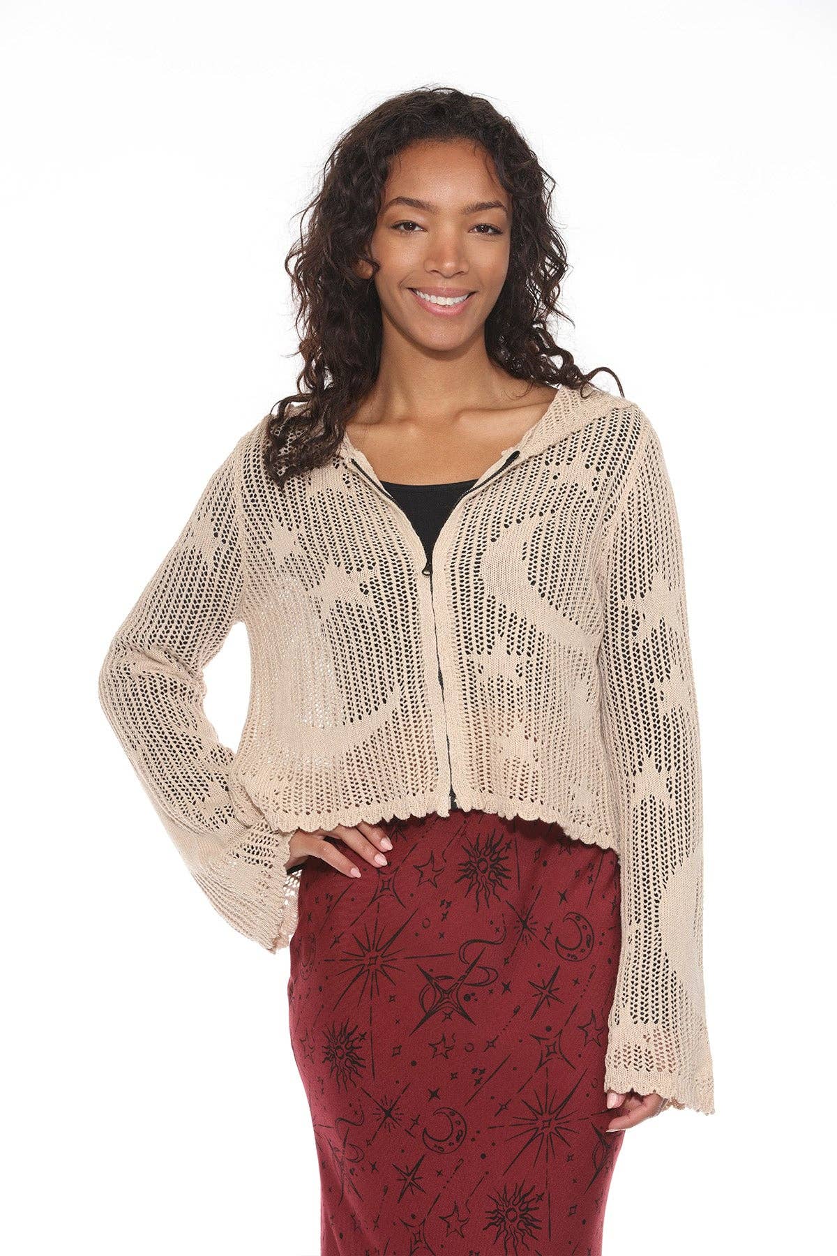Celestial Lacy Cropped Zip Hoodie in Sand