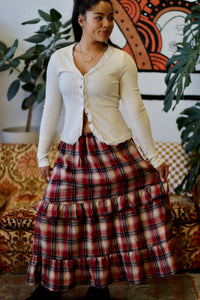 Red Ruffle Plaid Tiered Midi Skirt