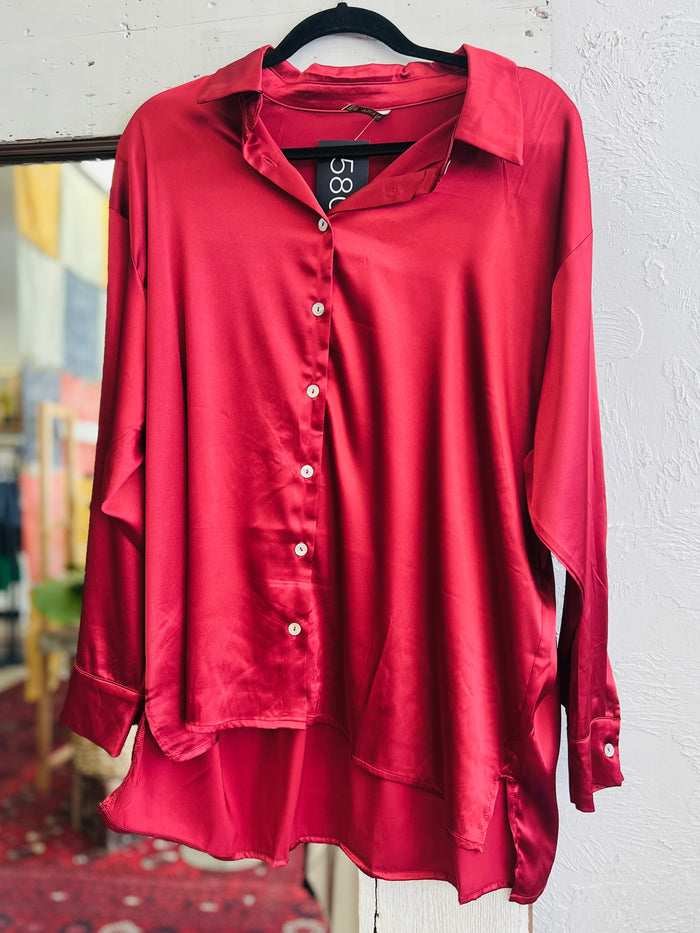 Pretty Satin Button Down in Burgundy