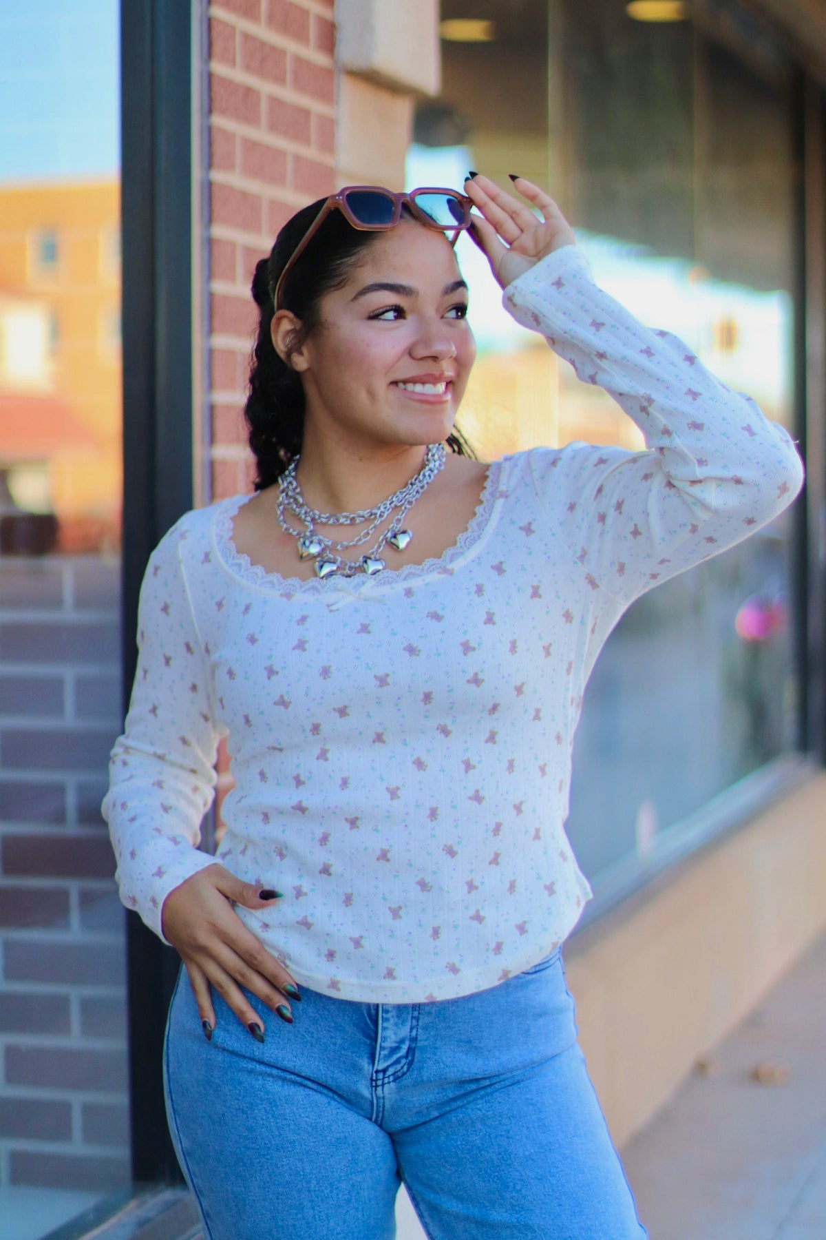 Cream Teddy Print Long Sleeve w/ Lace Detail