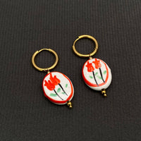 Ceramic Floral 18K GP Huggie Earrings + Red