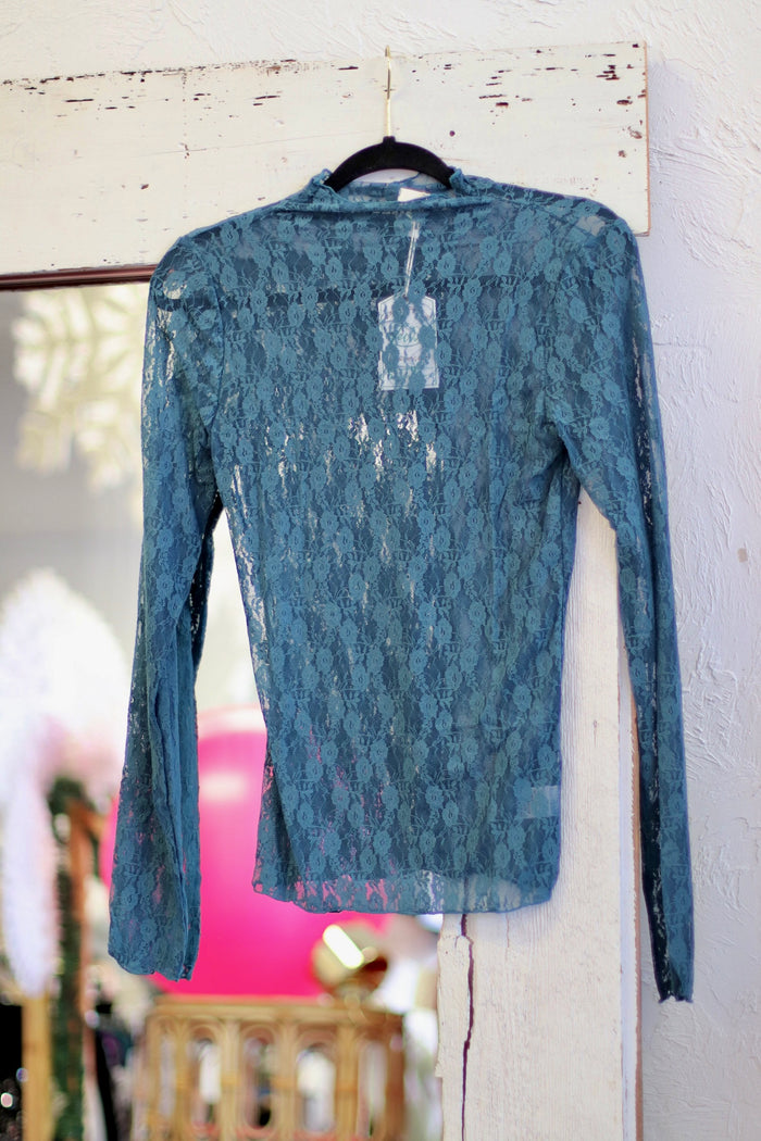 High Neck Fitted Sheer Mesh Lace Knit Top in Blue