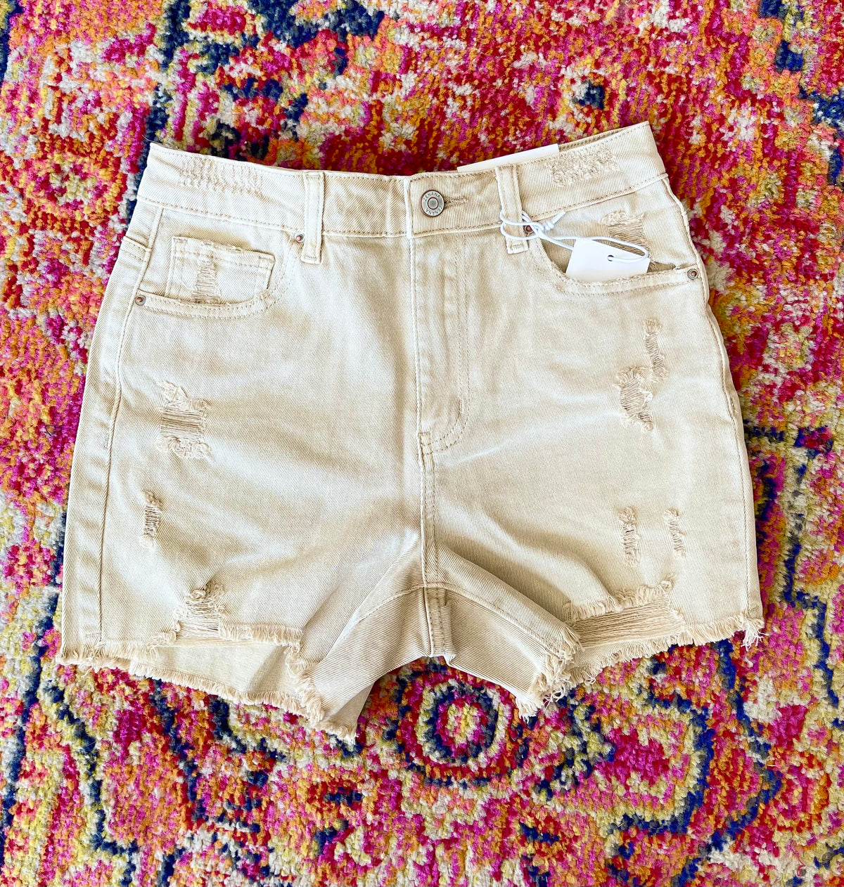Sand Distressed Denim Shorts
