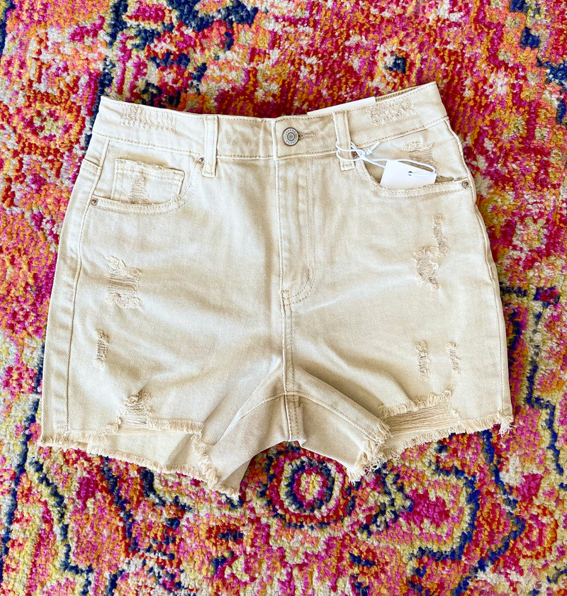 Sand Distressed Denim Shorts