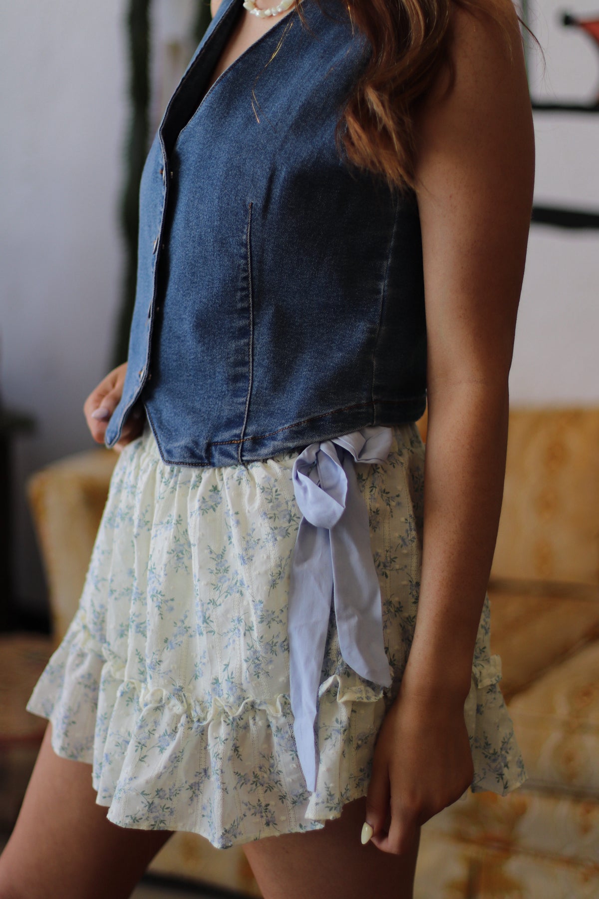 Floral Bow Mini Skirt w/ Shorts in Sky