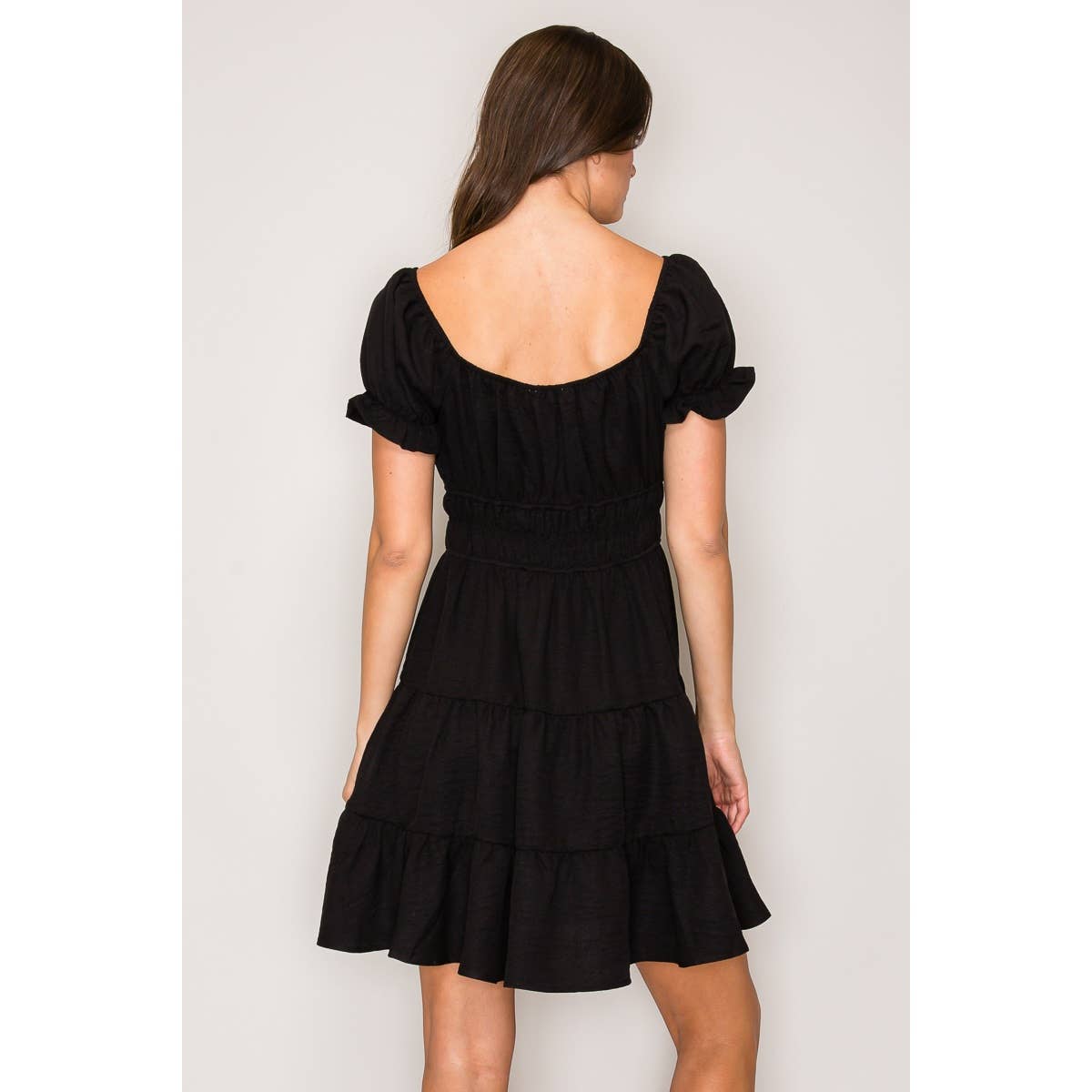 Black Short Sleeve Peasant Tiered Mini Dress