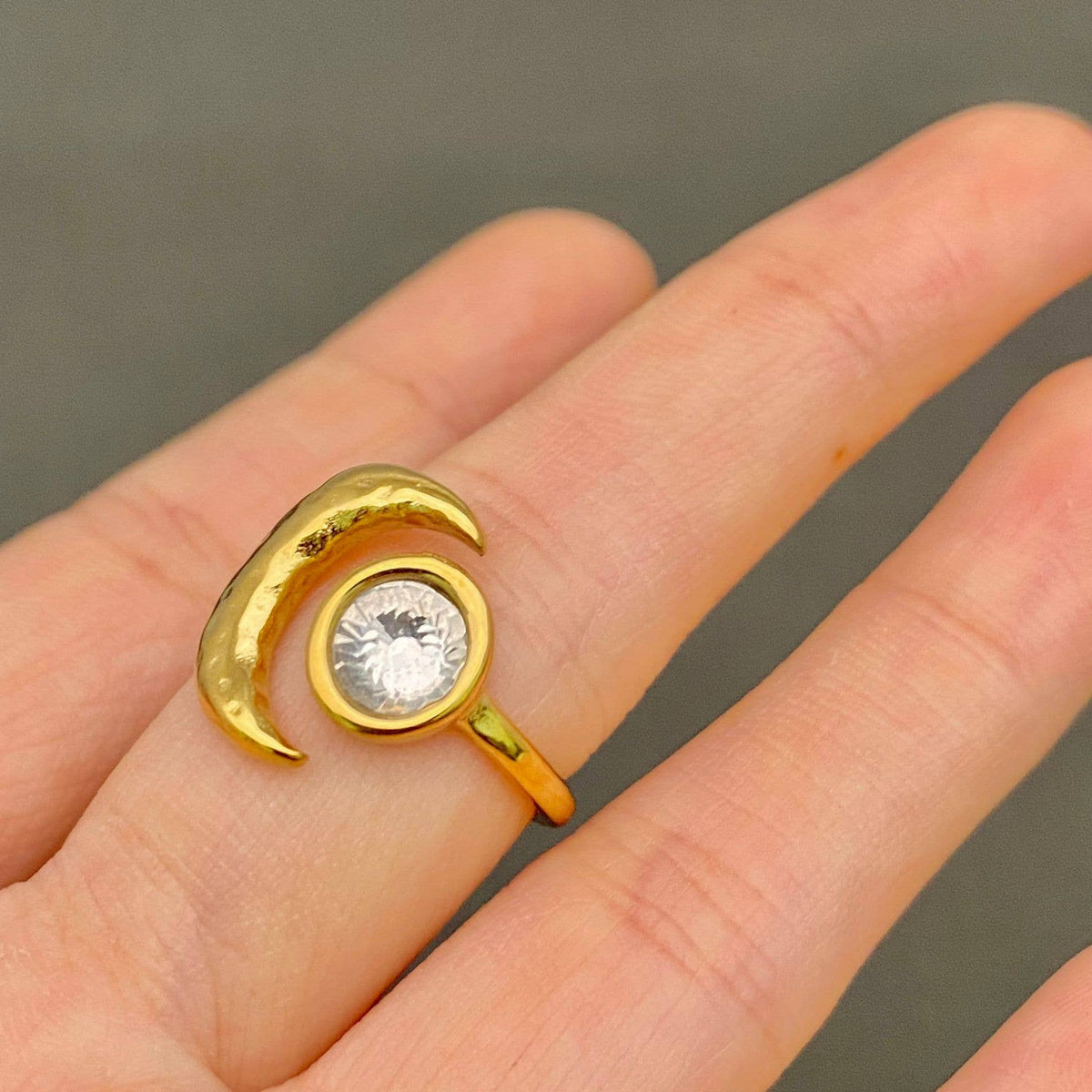 18K Gold Plated Stainless Steel Zircon Moon Ring - Adjustable