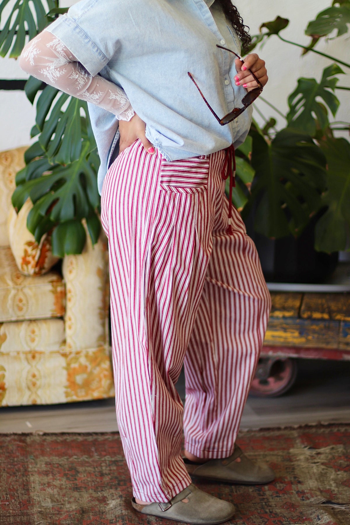 Junie Red Striped Barrel Denim Pants