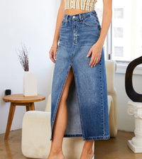 model wearing a denim skirt