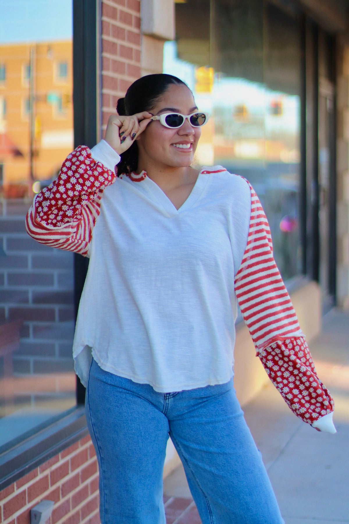 Cream Floral & Stripe Casual Knit Top