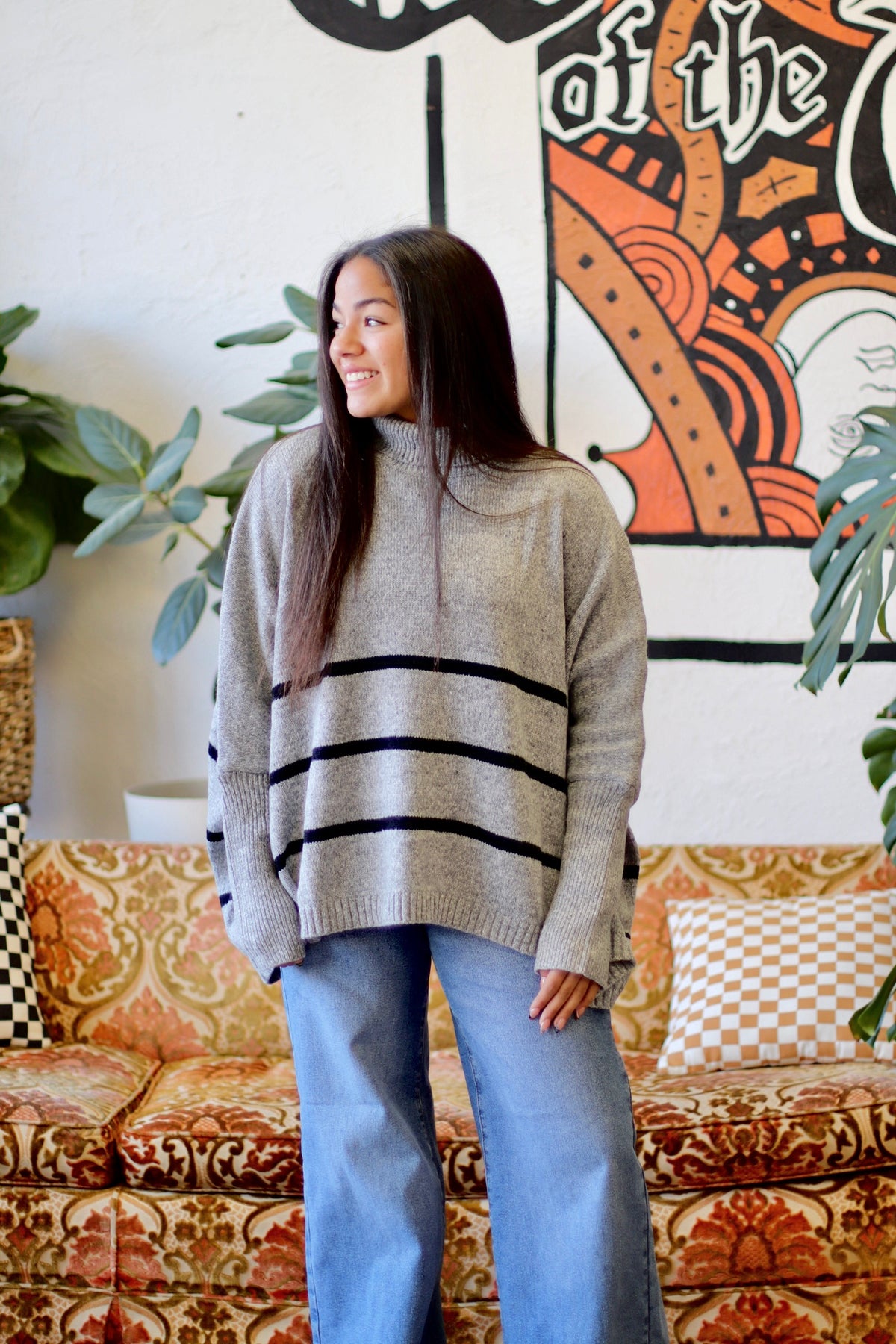 Striped Turtle Neck Oversized Sweater + Grey