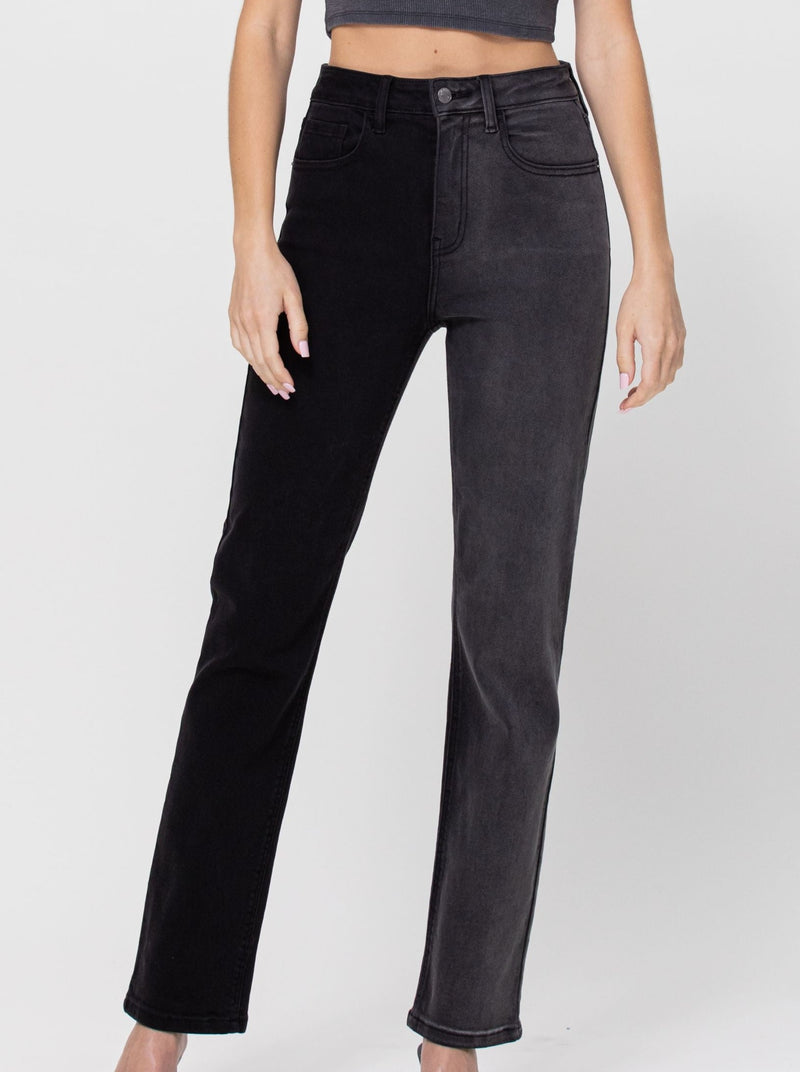 model wearing black two toned straight leg jeans