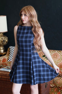 Navy Plaid Sleeveless Woven Mini Dress