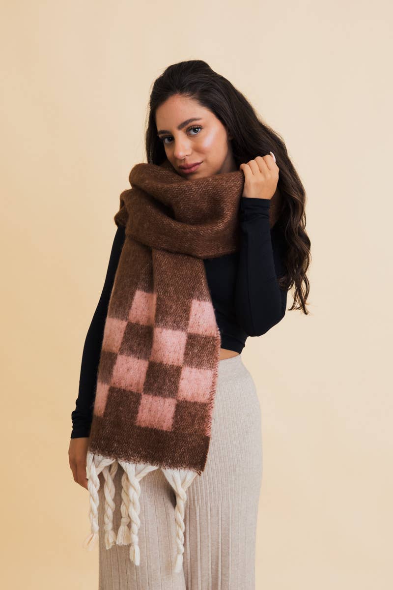 Chunky Checkered Scarf + Brown