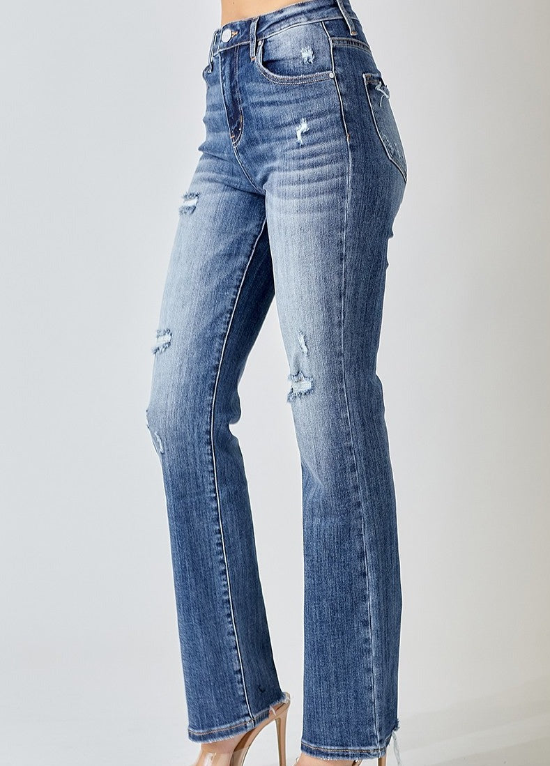 model wearing straight leg jeans