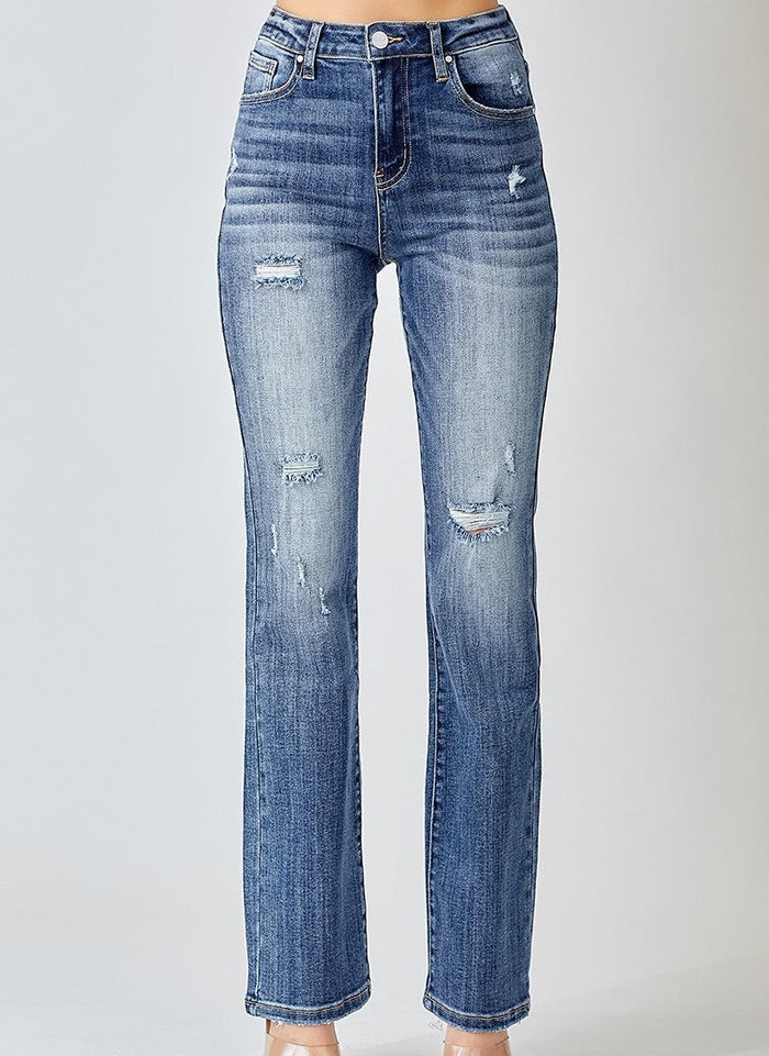 model wearing straight leg jeans