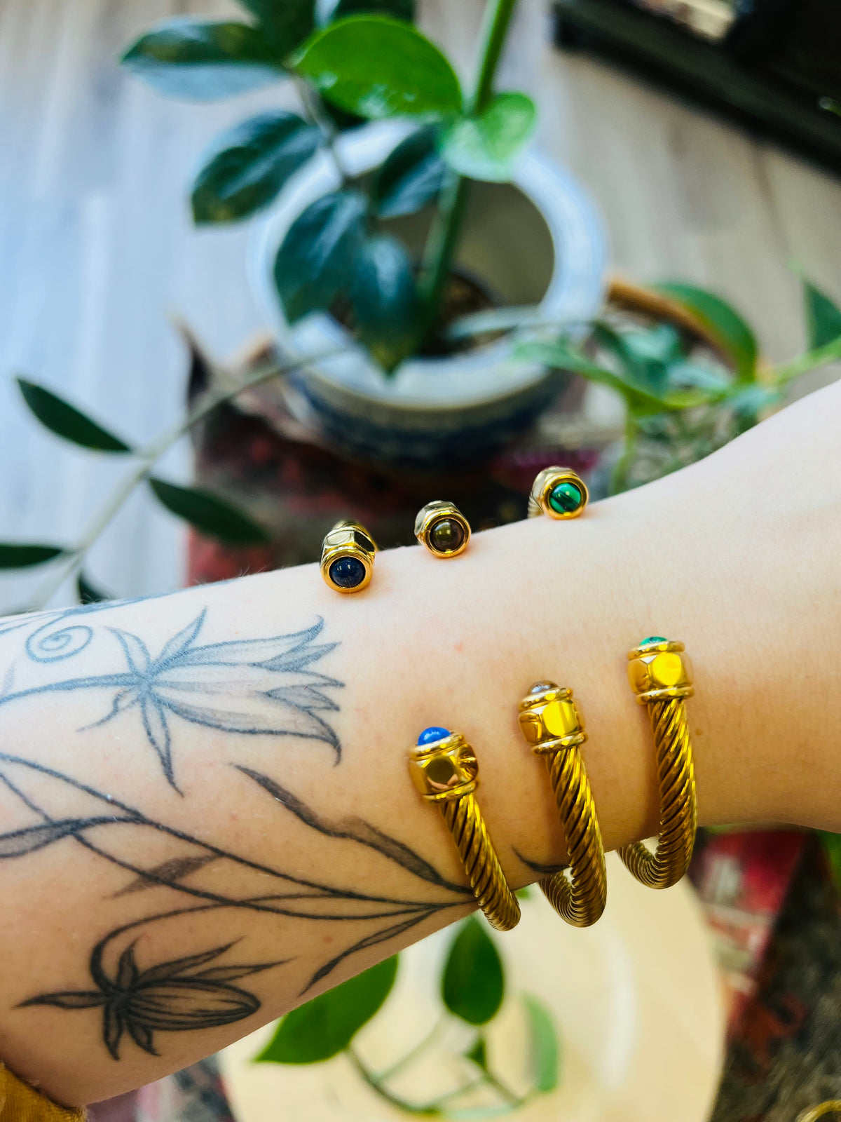 Inlaid Stone 18K GP Spiral Cuff + Tigers Eye