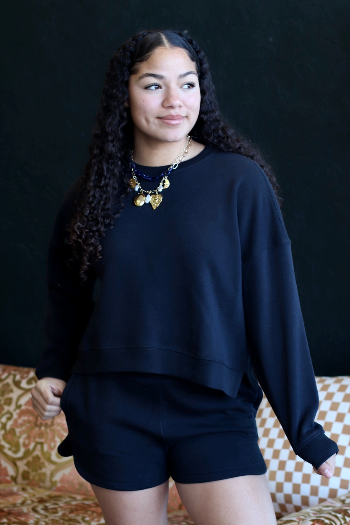 Cozy Sweatshirt & Shorts Set + Black