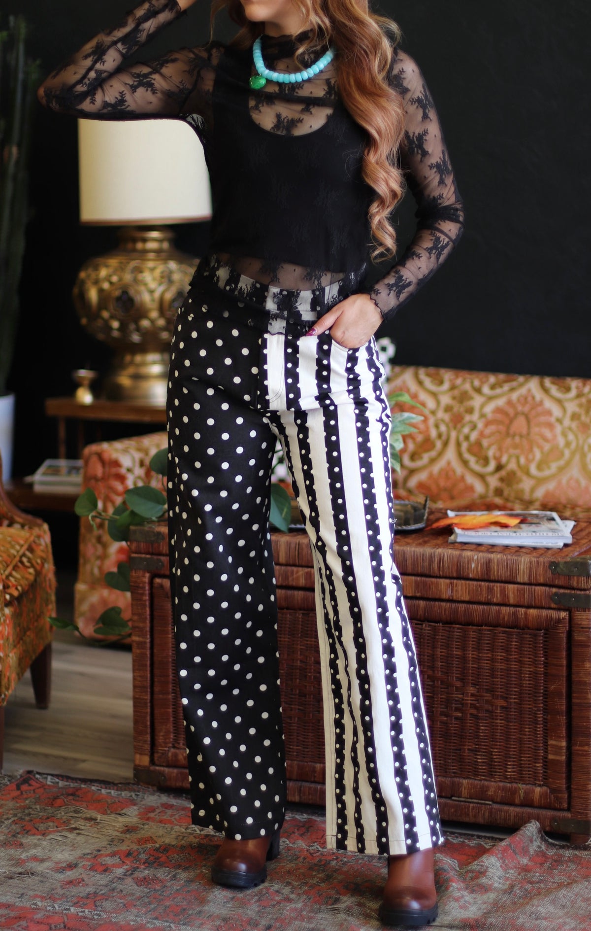 Split Personality Polka Dot & Striped Wide Leg Pants in Black