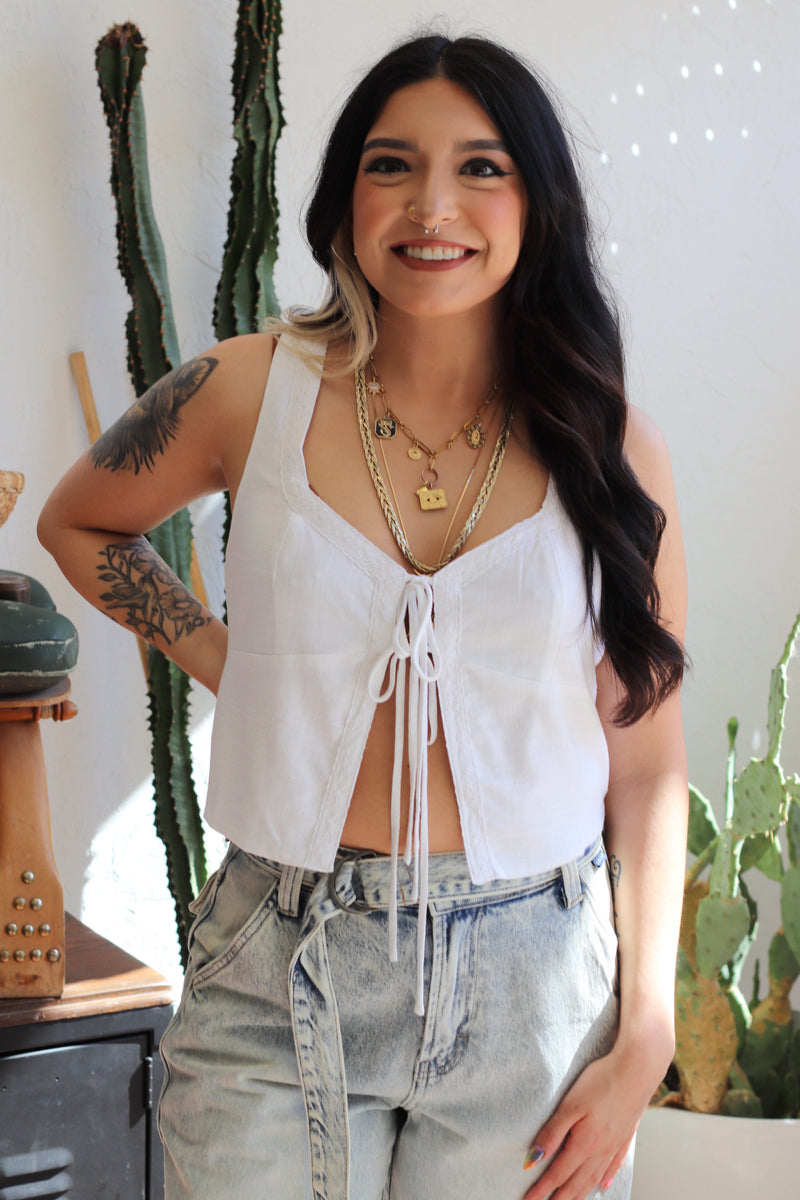 Prairie Goth Cropped Linen Tank Top In White
