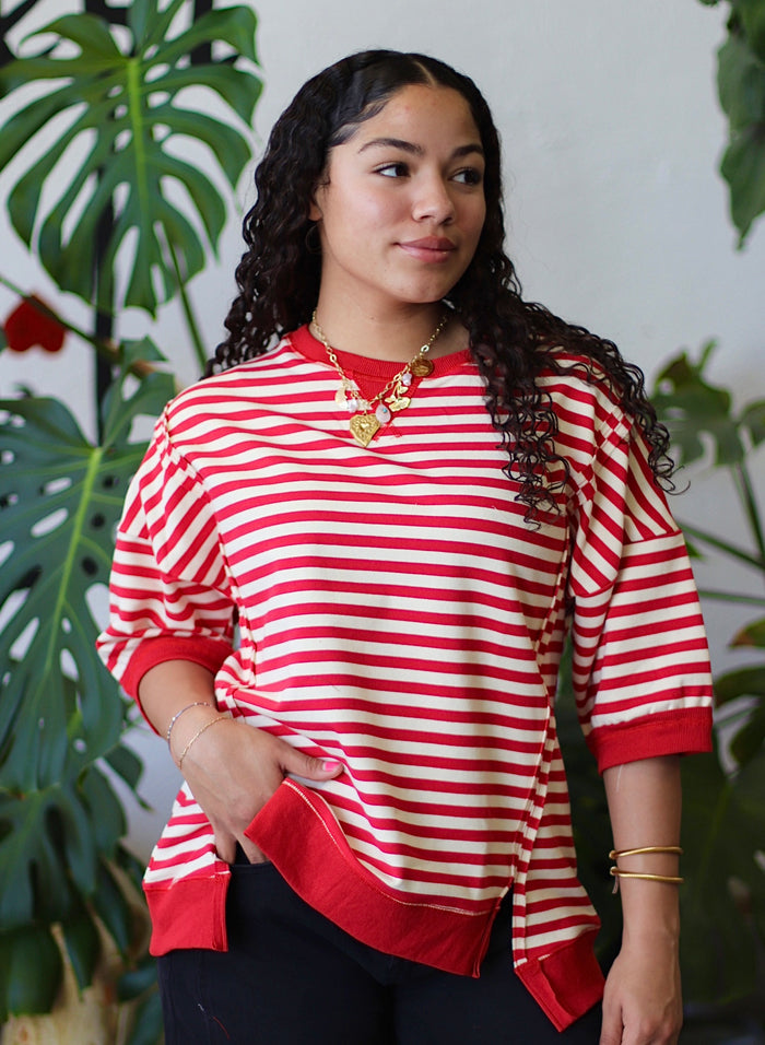 Molly Oversized Stripe Casual Knit Top + Red