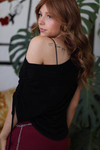Black Asymmetric Side Drawstring Knit Top