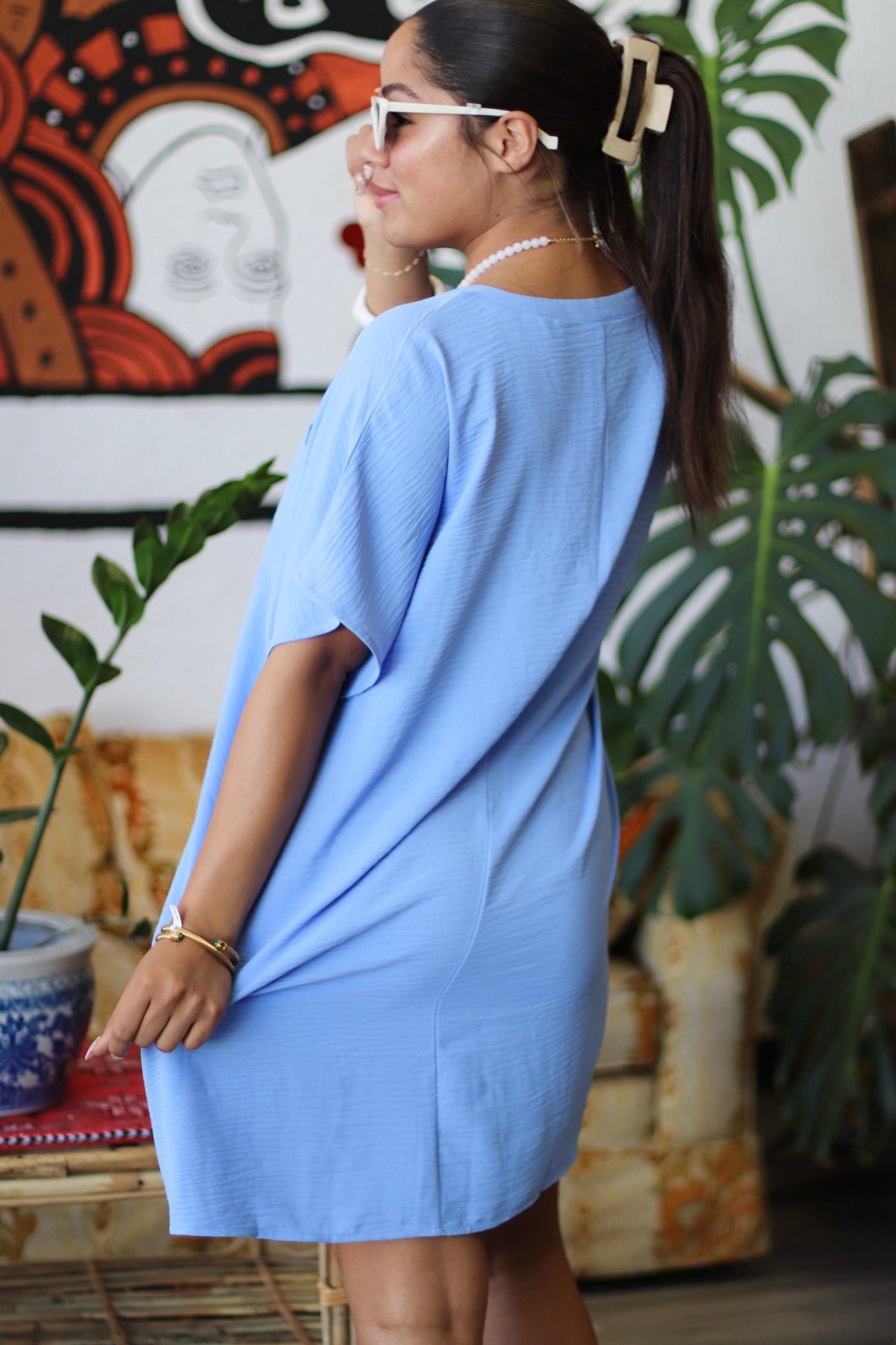 Ellie V-Neck Tee Dress in Blue