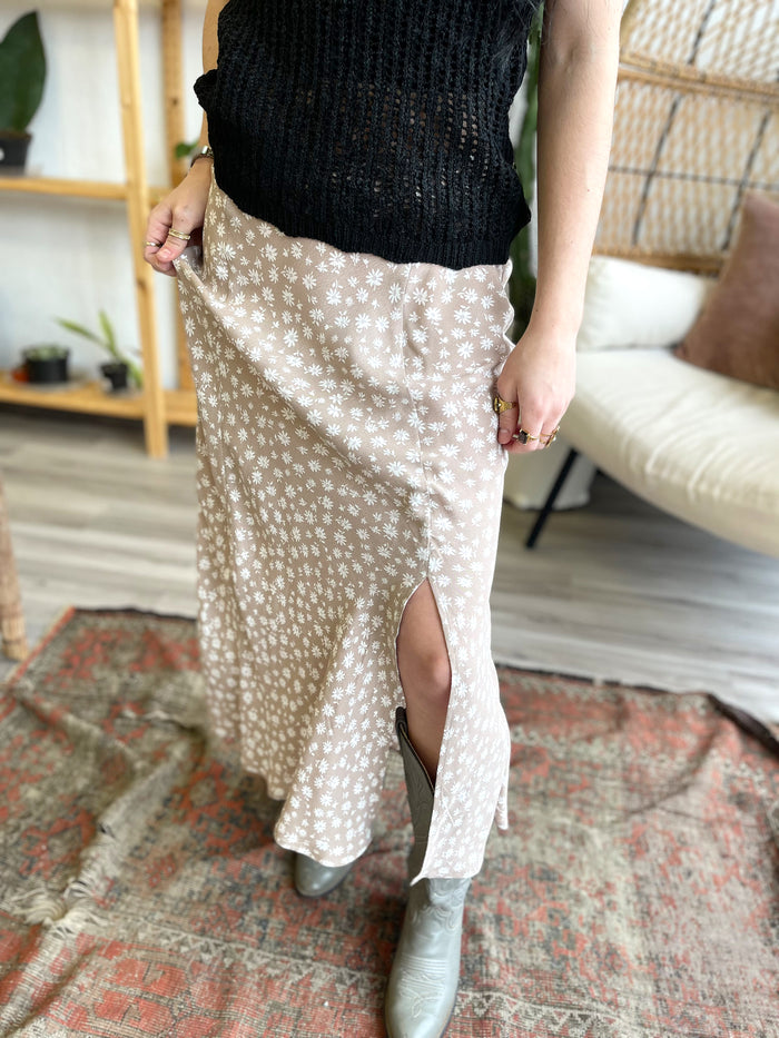 Floral Side Slit Midi Skirt + Taupe