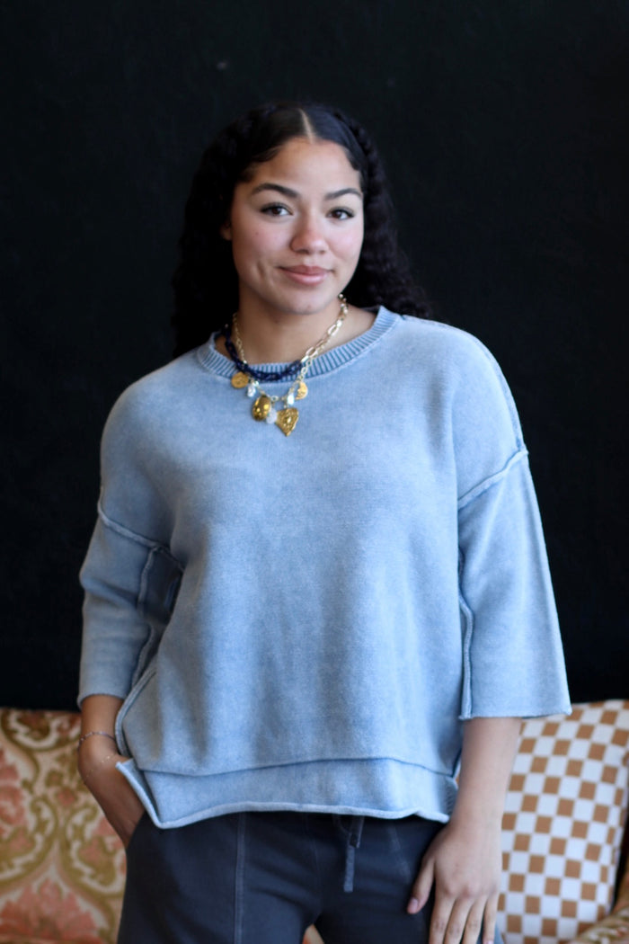 Quarter Sleeve Knit Sweater Dusty Blue