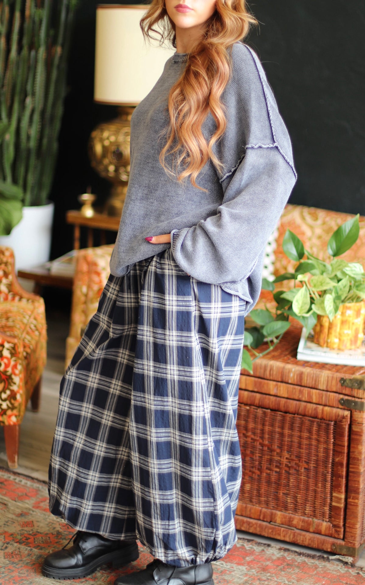 Moonlight Plaid Balloon Pants in Navy