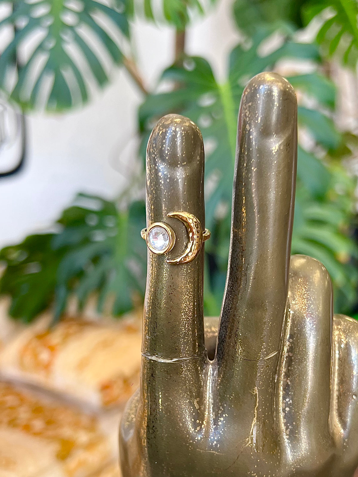 18K Gold Plated Stainless Steel Zircon Moon Ring - Adjustable