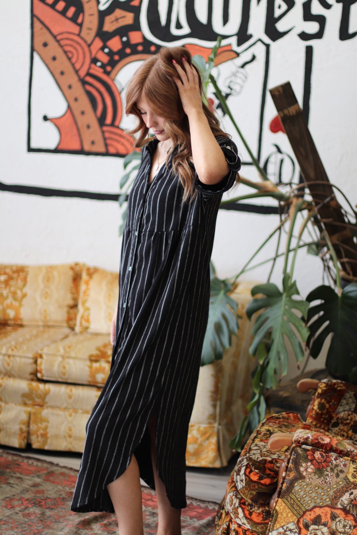 Wander Striped Black Midi Dress