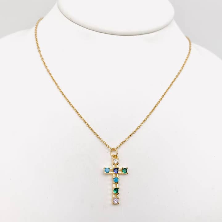 CZ Colorful Stone GP Cross  Necklace