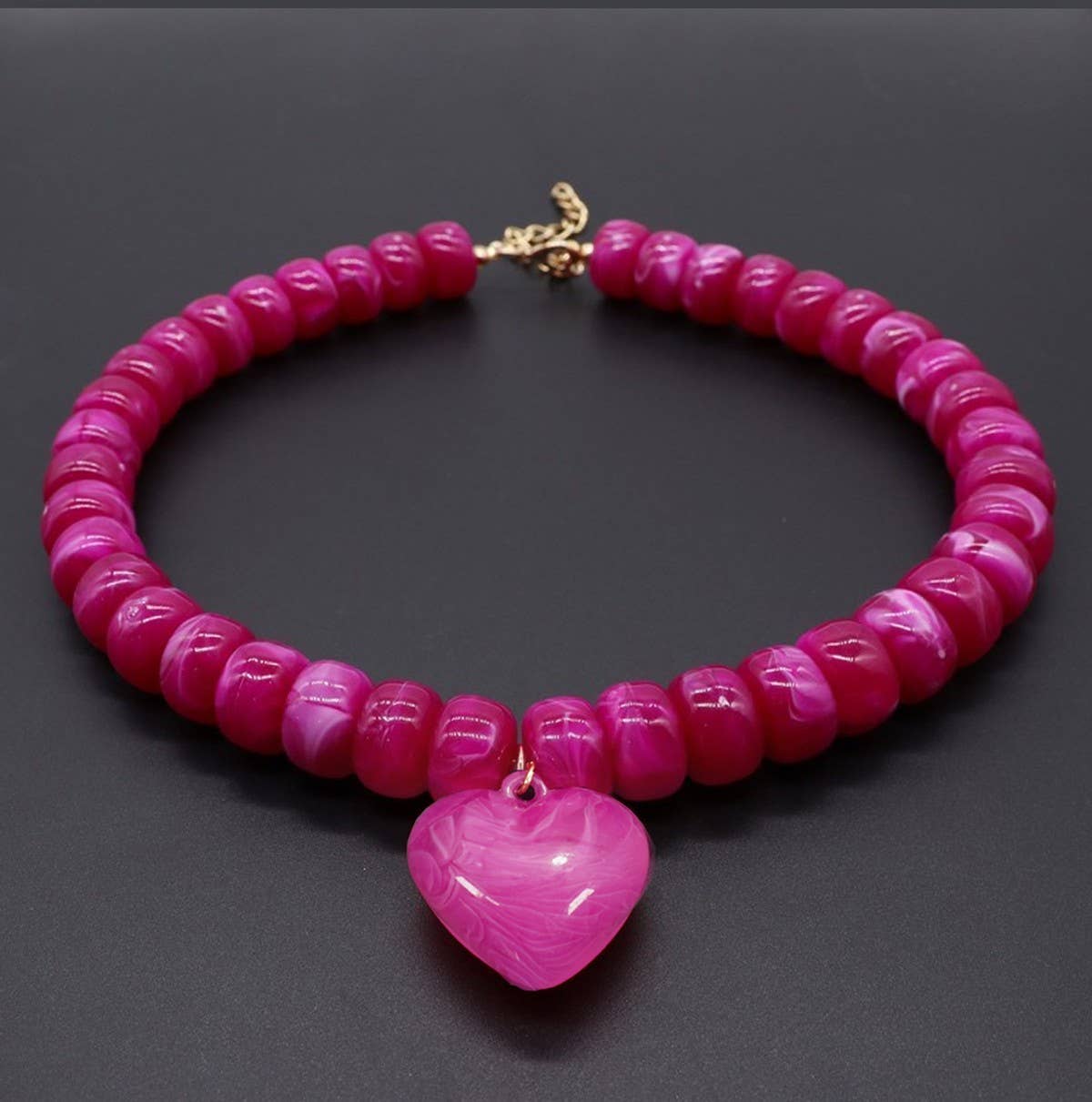 Pink Heart Pendant Resin Beaded Necklace