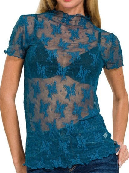 Short Sleeve Lace Layer Top + Teal