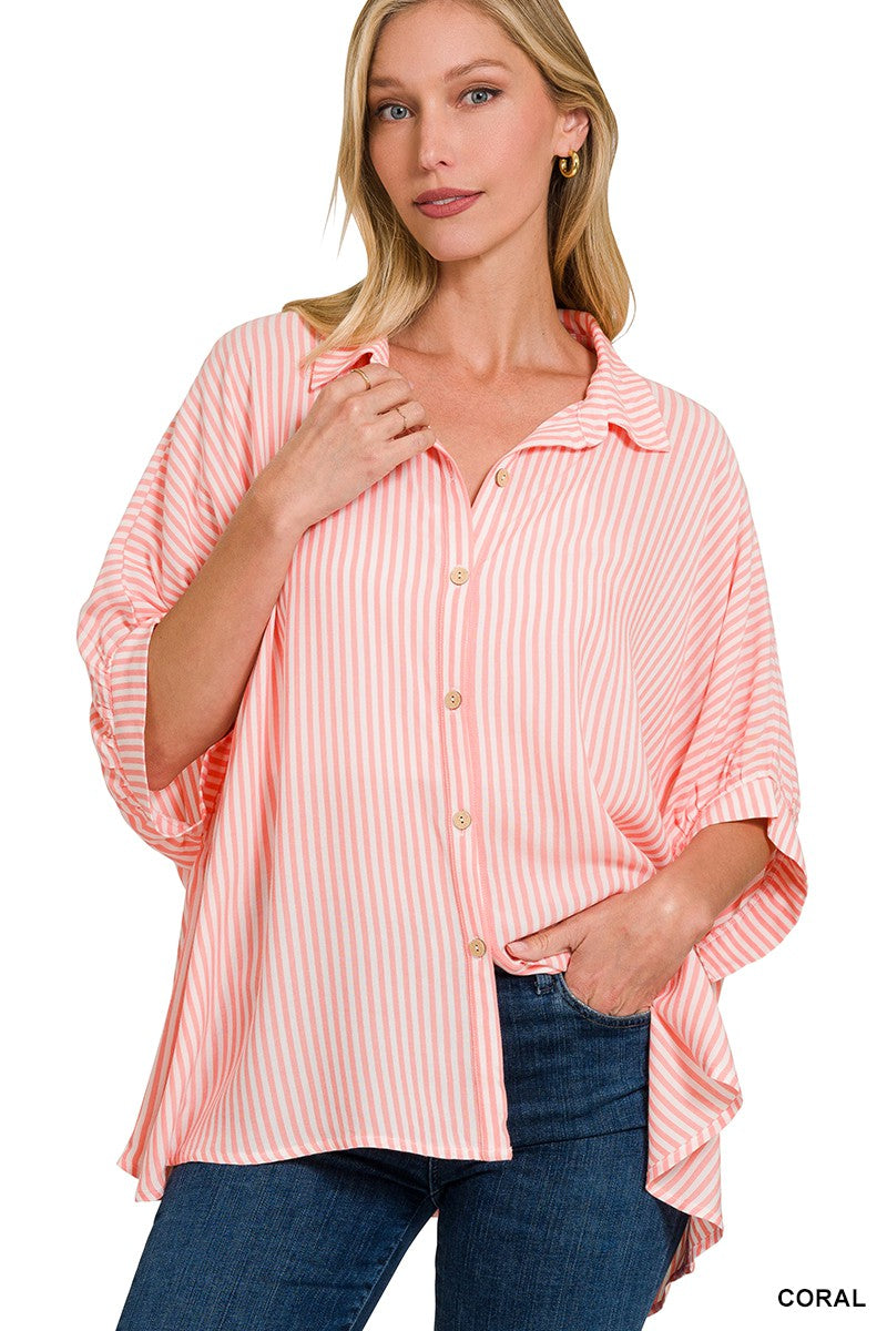 Striped Button Down in Coral