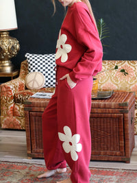 Red Floral Applique Drawstring Jogger Pants