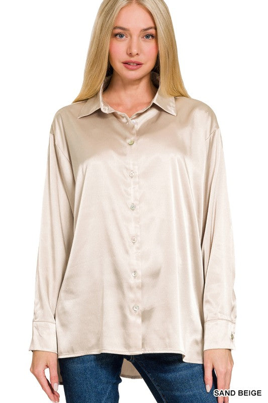 Pretty Satin Button Down in Biege