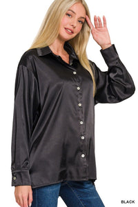 Pretty Satin Button Down in Black
