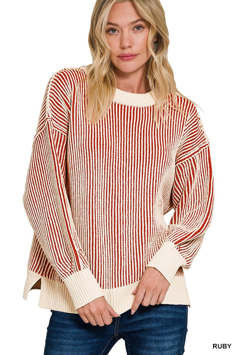 Cozy Sunday Two Tone Sweater in Ruby