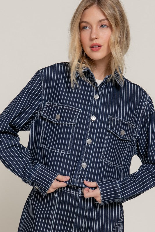 Navy Pinstripe Cropped Denim Jacket – 580 Threads