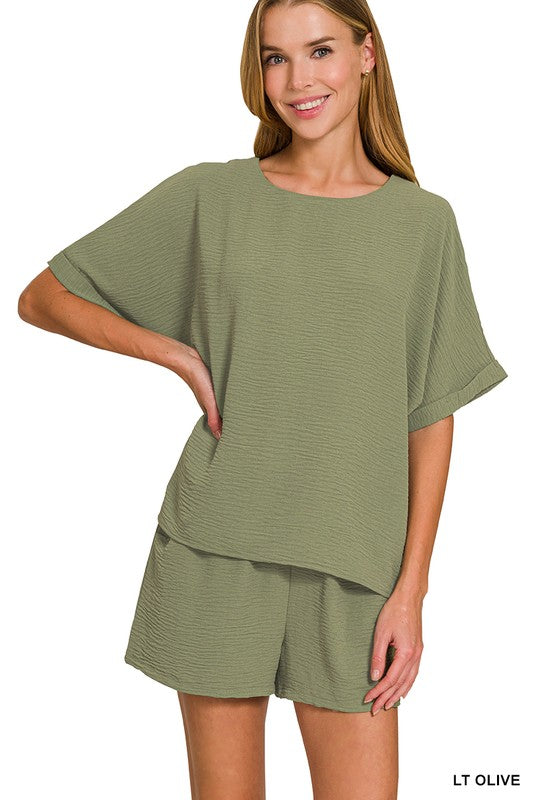 Woven Two Piece Shorts Set in Olive