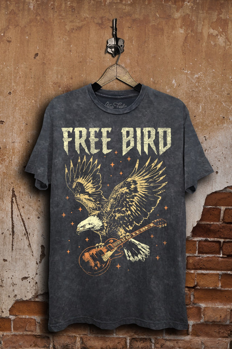Mineral Wash Free Bird Graphic Tee + Black