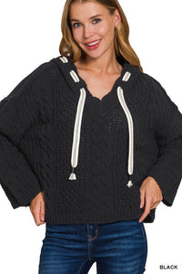 Soft Cable Knit Hooded Sweater + Black
