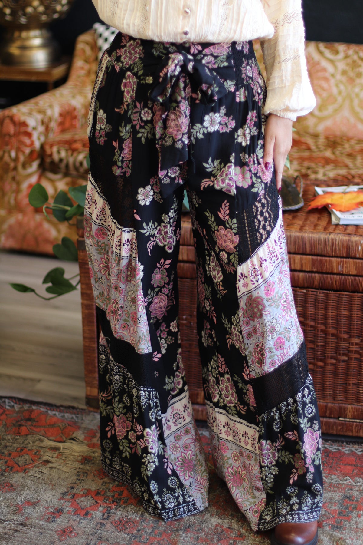 Penelope Patchwork Wide Leg Pants + Black